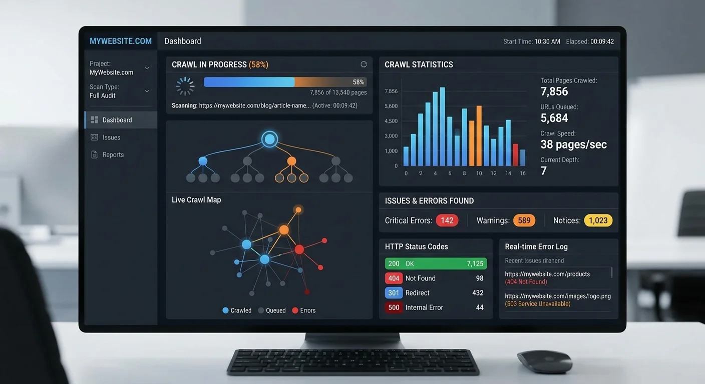 Technical SEO audit dashboard displaying crawl errors and site health metrics